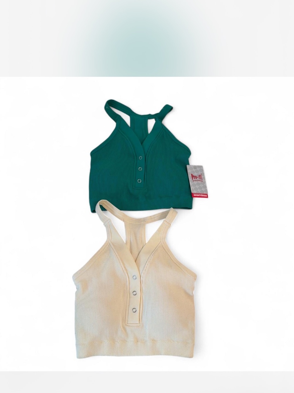 Seamless Ribbed Henley Crop Top - Green and Cream